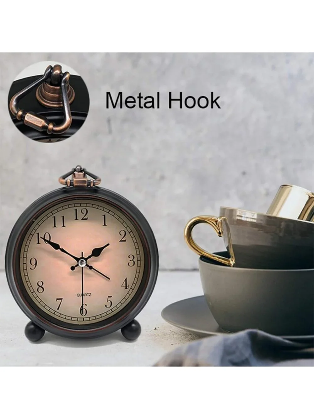 Home Black Analog Quartz Vintage Arabic Super Silent Non Ticking Alarm Clock